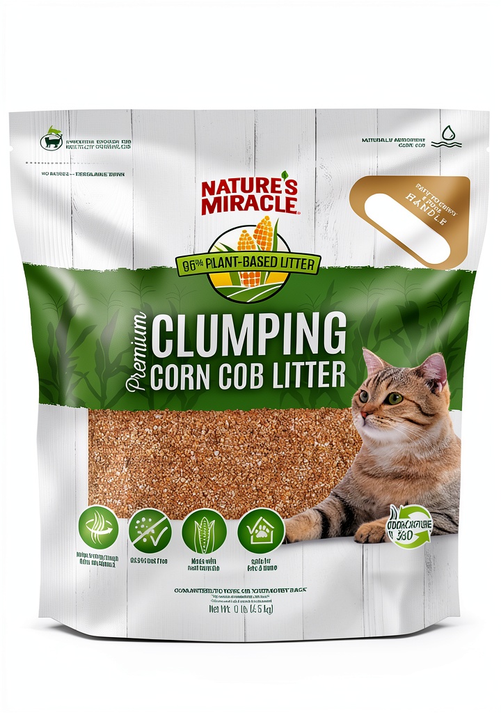 Nature's Miracle Clumping Corn Cob Litter bag showing easy-pour handle