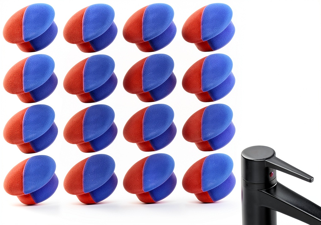 Close‑up of red and blue silicone faucet temperature indicators installed on a kitchen tap